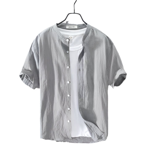 Men's Casual Shirts Linen Blank Short Sleeve Thin and Breathable Cotton Shirt Fashionable Men's Up-to-Neck Shirt