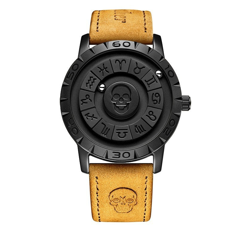 FOXBOX-Men's Magnetic Quartz Wristwatch Creative Scroll Pointer Genuine Leather Watch