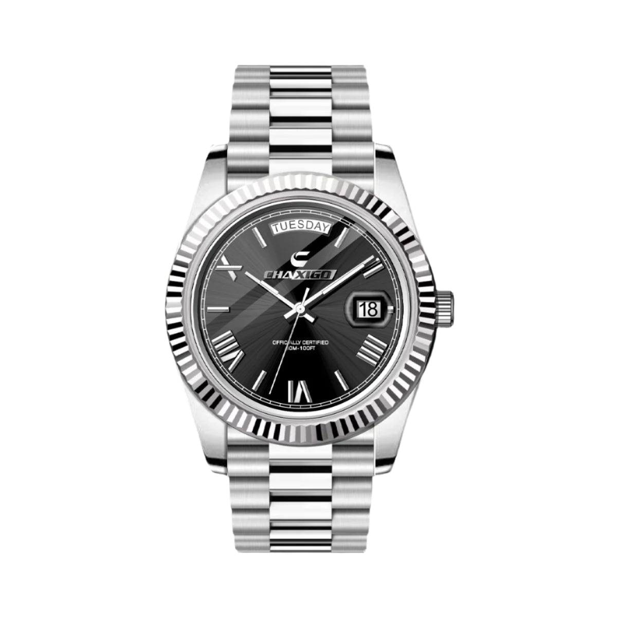 CHAXIGO Herenhorloge Staal Drie Wijzers Grote Wijzerplaat met Datum Lichtgevend Waterdicht Quartz Horloge