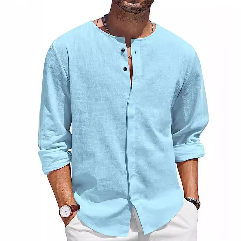 Camicia casual formale alla moda da uomo, cardigan in cotone e lino, colletto decorato con bottoni, camicia casual alla moda da uomo