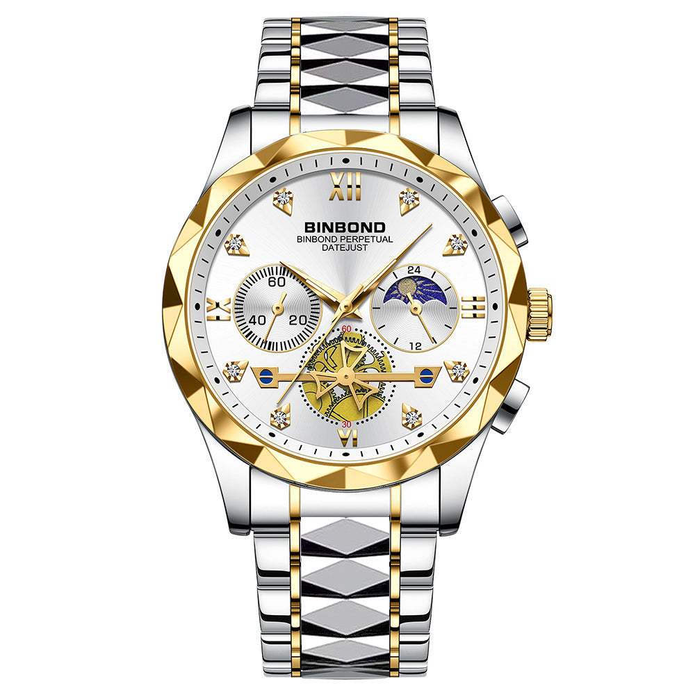 Mens Watch Diamond Big Face Stainless Steel Luxury Business Dress Date Day Wrist Watch Waterproof Luminous Multifunctional Quartz Watch - Acquisti Online