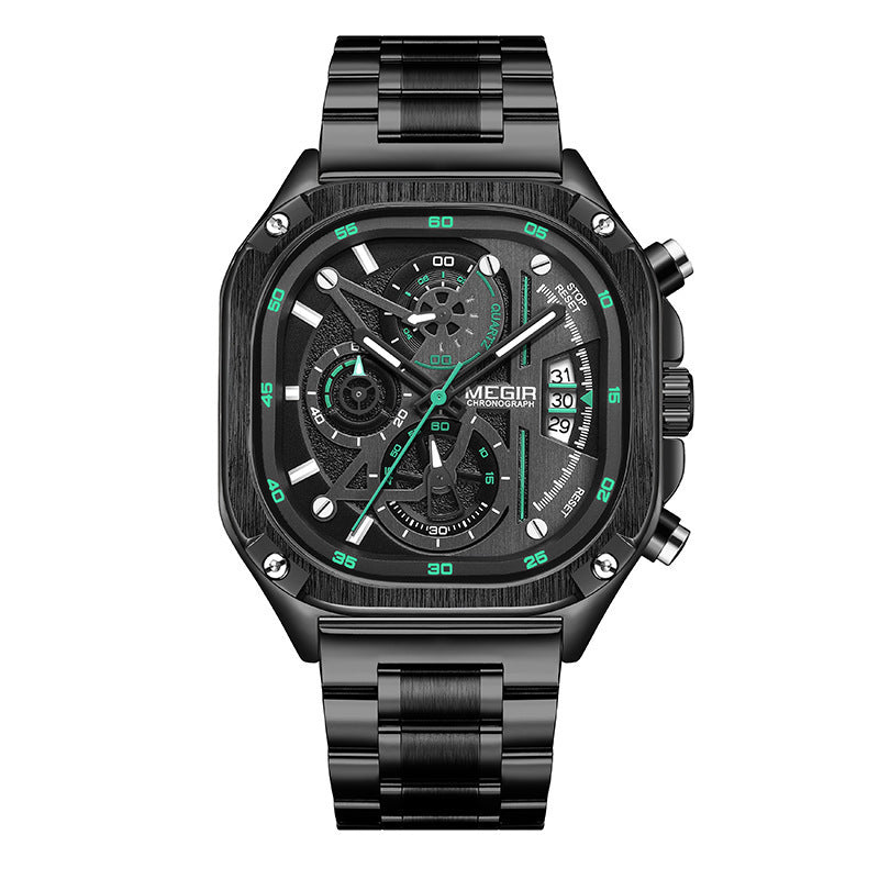 MEGIR Men's Quartz Watch Waterproof Square Dial Chronograph Stainless Steel Band Luminous  Quartz Warch