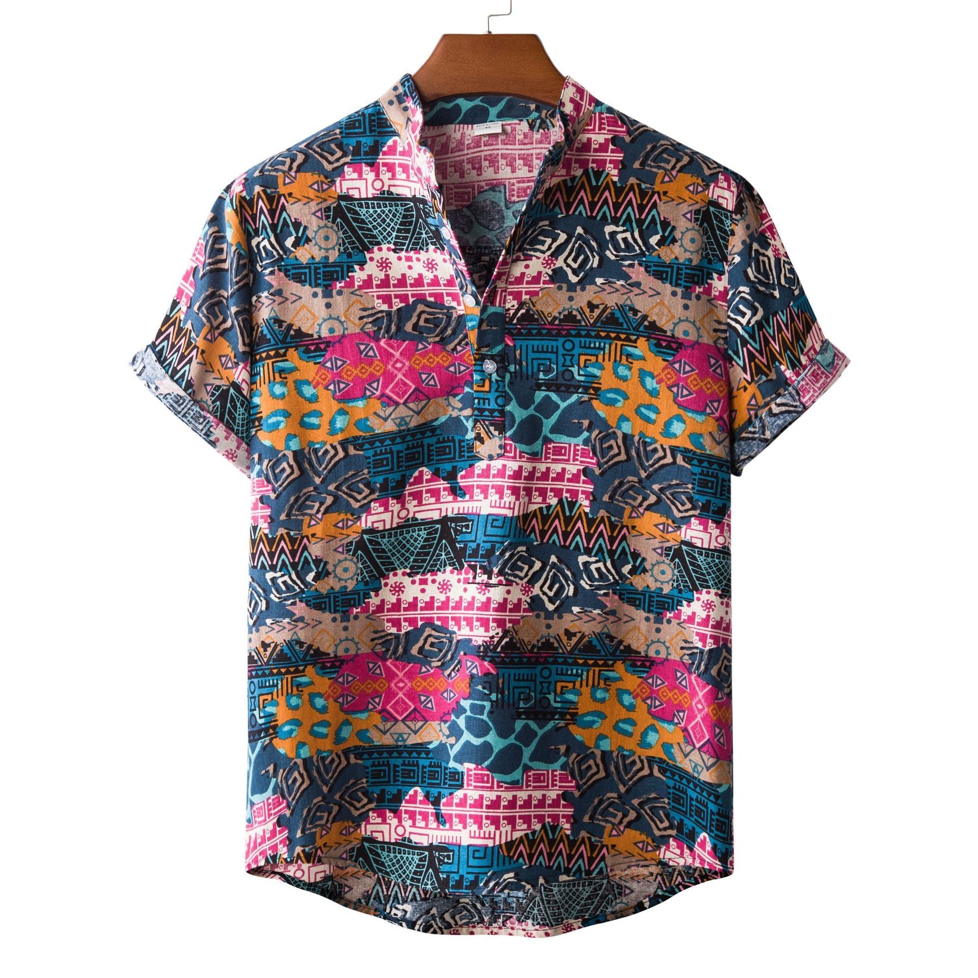 Men's Fashionable Casual Shirt Printed Loose Hawaiian Shirt Stand Collar Cotton Linen Ethnic Printed Men's Shirts
