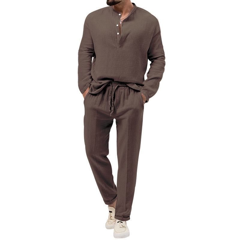 Men's Fashionable Casual Shirt Solid Color Polyester Fiber Casual Leisure T-shirt Long Sleeve Shirt Trousers Suit Men's Set - Acquisti Online