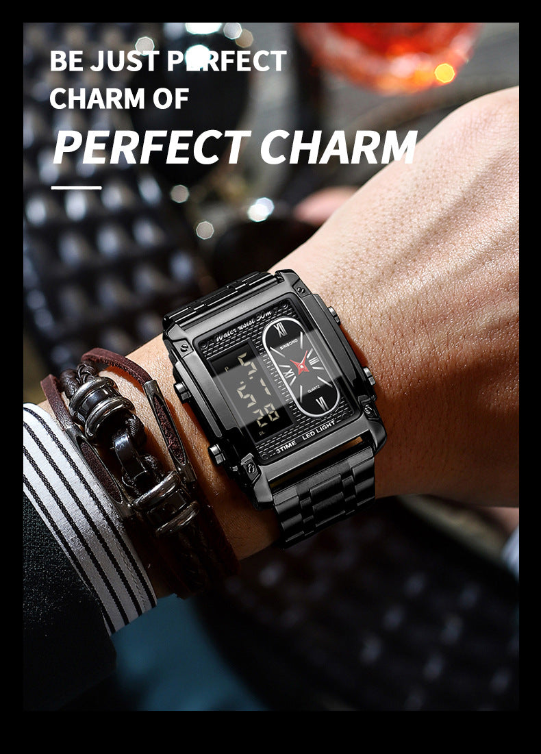 Binbond Men's Steel Belt Electronic Watch Double Inserts Multi-Functional Waterproof Quartz Movement Watch - Acquisti Online