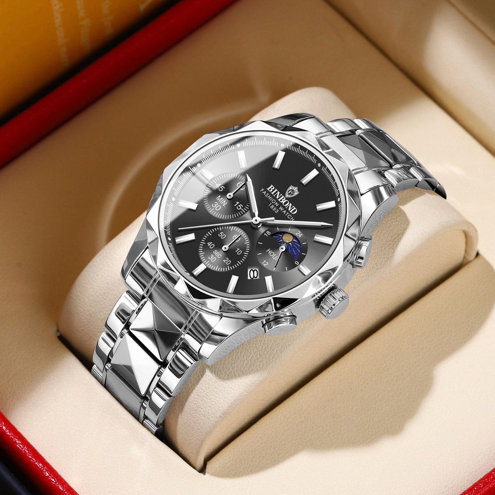 BINBOND Luxury Brand Men's Watch High Quality Waterproof Sport Chronograph Quartz Military Watch Men Clock Butterfly Clasp Men's Watch - Acquisti Online