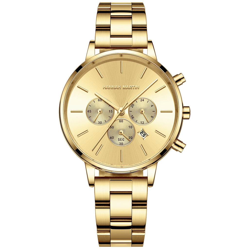Hannah Martin Women Quartz Watch Three Eye Six Needle Chronograph Calendar Quartz Watch Waterproof Women Quartz Watch