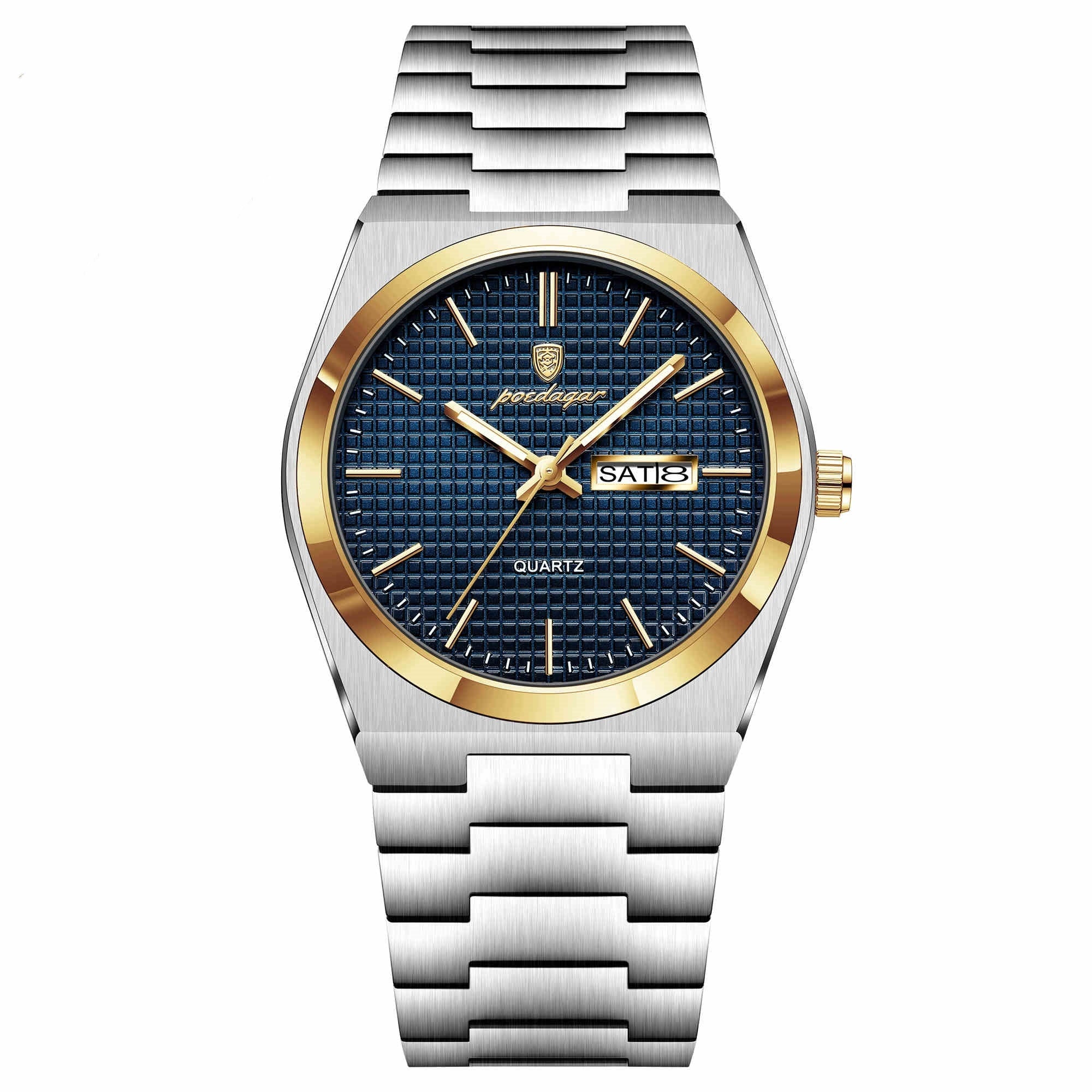 POEDAGAR Luxury Men's Sports Watch Luminous Waterproof Military Watch with Date and Week Stainless Steel Quartz Men's Watch Male Clock