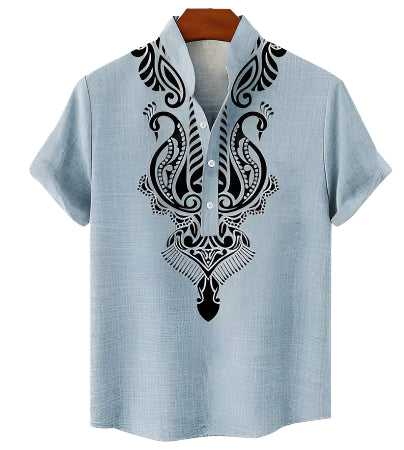 Men's Fashionable Casual Solid Color Linen Fiber Cardigan Shirt Digital 3D Printed Men's Casual Short Sleeve Shirt