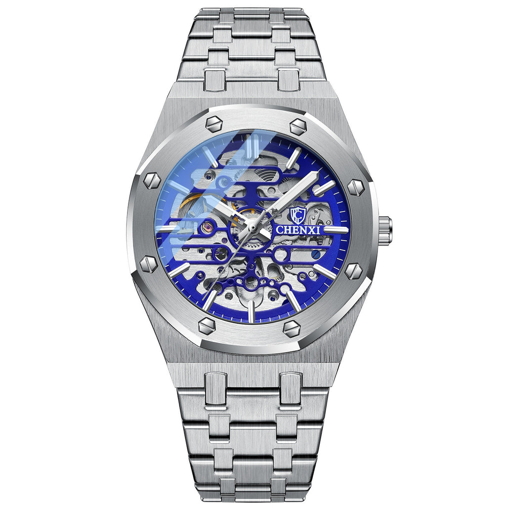 Orologi da polso meccanici automatici da uomo con lancette luminose e cinturino in acciaio inossidabile, quadrante scheletrato