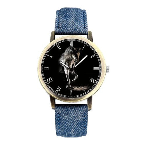 Women's Fashionable Casual Horse Desert Dial All-Match Denim Strap women's Quartz Wristwatch Large Dial Watch