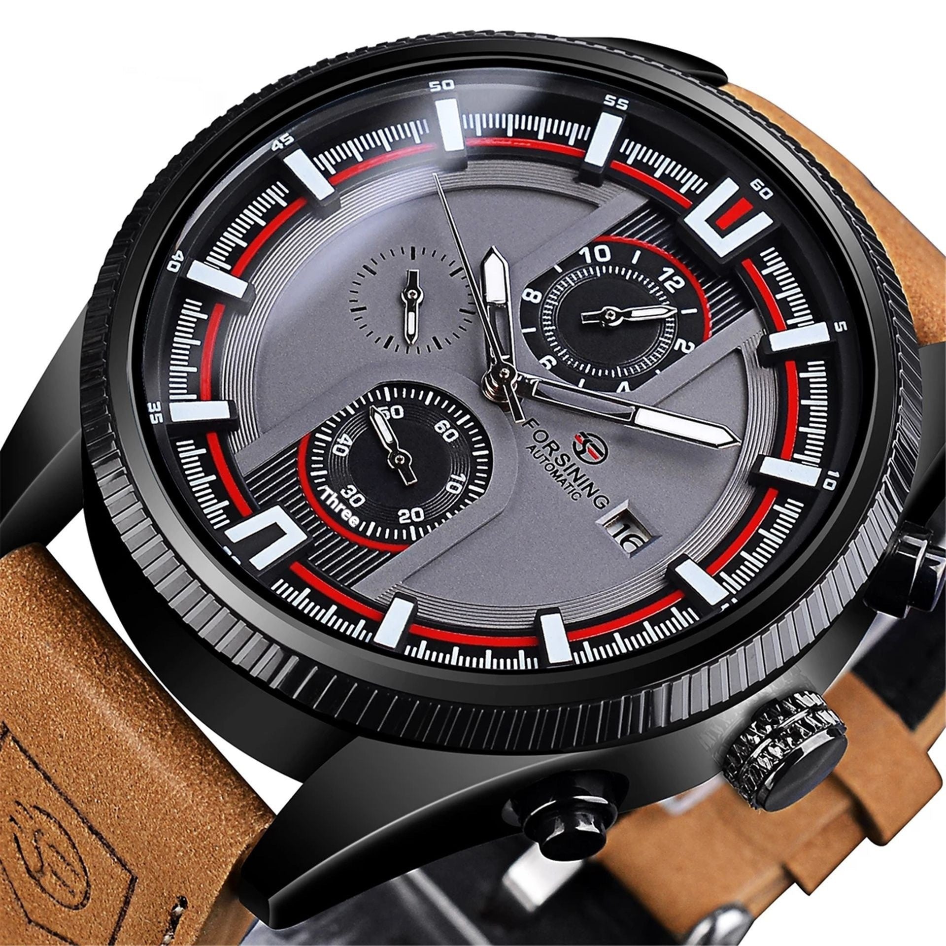 Orologio da polso casual da uomo FORSINING con tourbillon automatico, impermeabile e calendario, cinturino in pelle marrone