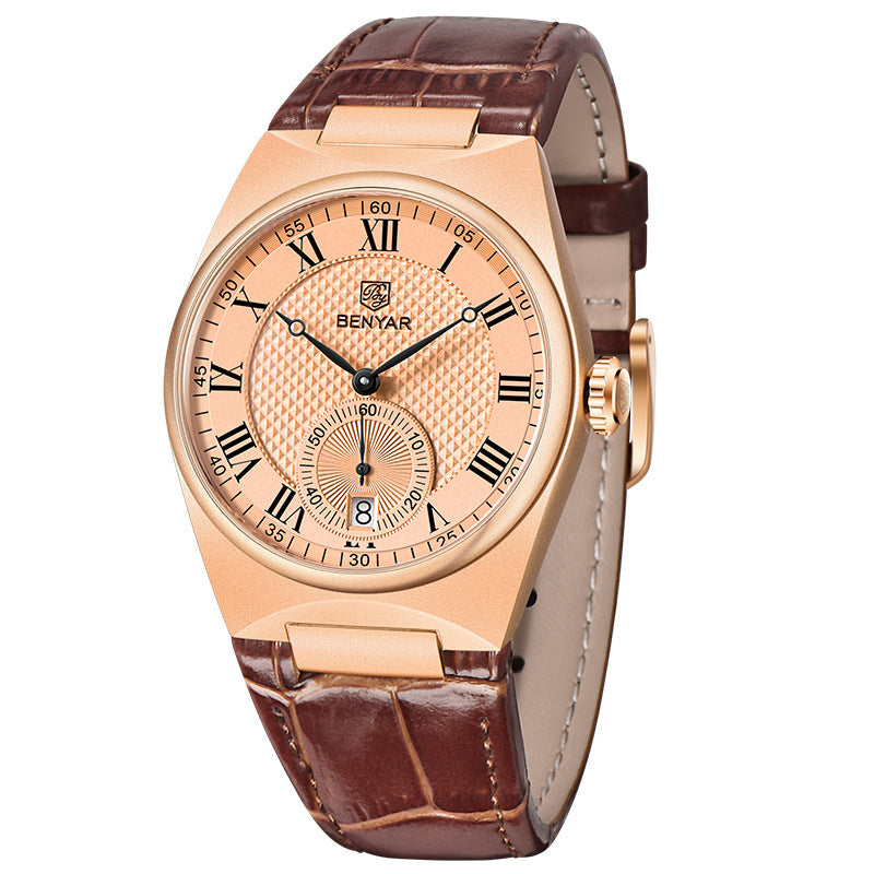 Benyar Men's Classic Fashion Watch Automatic Quartz Movement Watch Waterproof Leather Band Watch