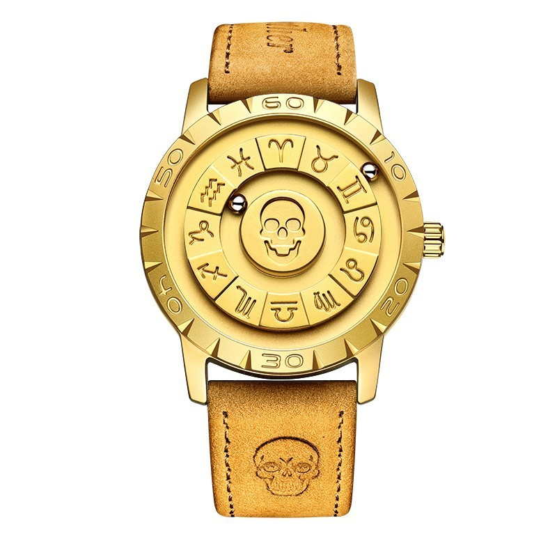 FOXBOX-Men's Magnetic Quartz Wristwatch Creative Scroll Pointer Genuine Leather Watch