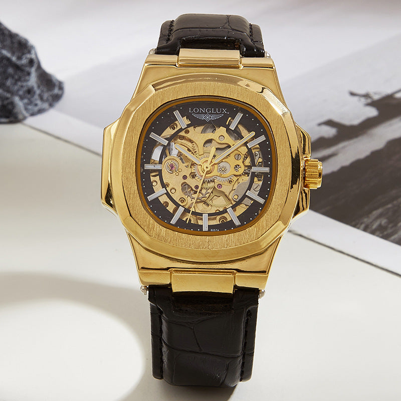 Men's Automatic Mechanical Watch Luxury Skeleton Waterproof Business Stainless Steel Barrel-shaped Leather Belt Men's Waterproof Mechanical Watch