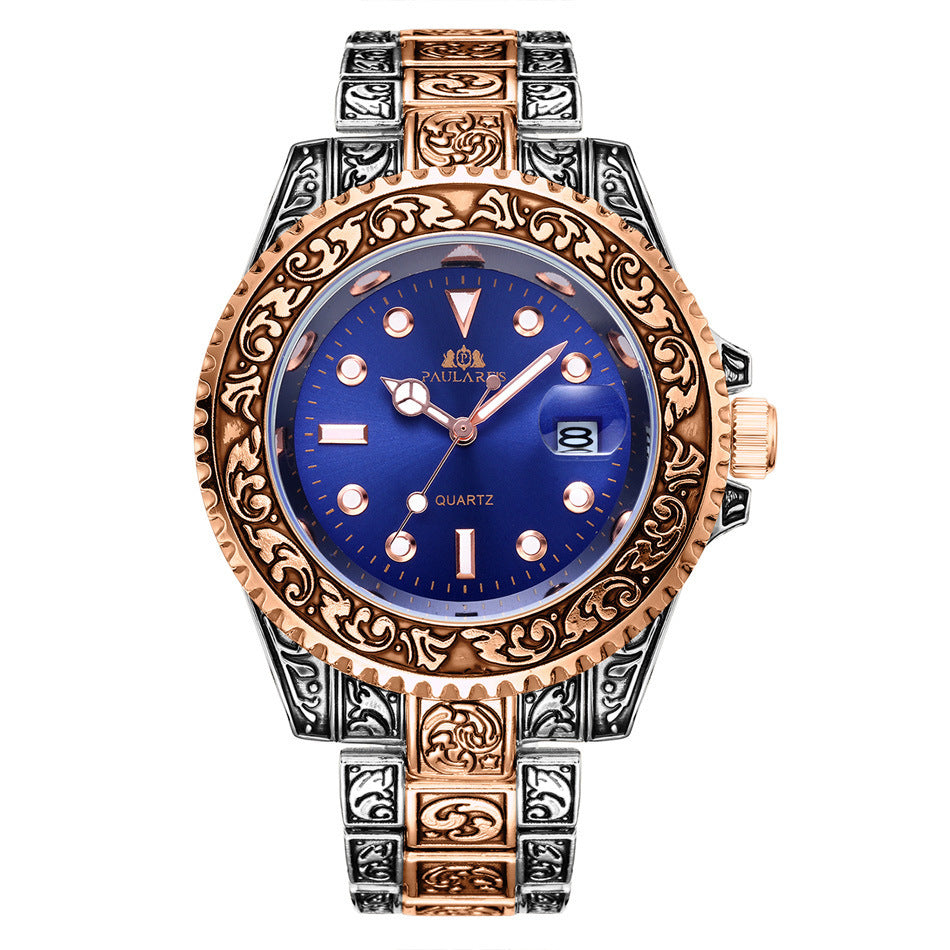 Paulares Men Quartz Movement Watch Carved Water Ghost Calendar Luminous Men's Watch - Acquisti Online