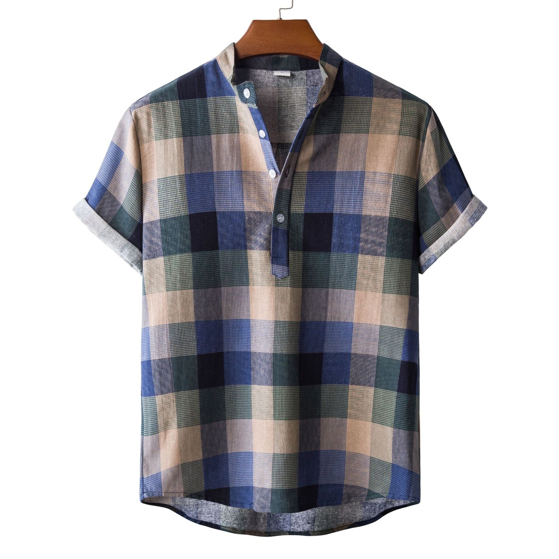 Men's Fashionable Casual Shirt Solid Color Vintage Ethnic Print Short Sleeve Lapel Collar Button Men's Casual Shirt