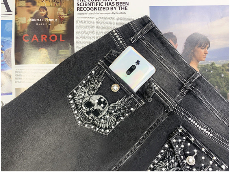 European And American Hot Pants Rhinestone Elastic Slim Fit Slimming Skinny Denim Trousers - Acquisti Online