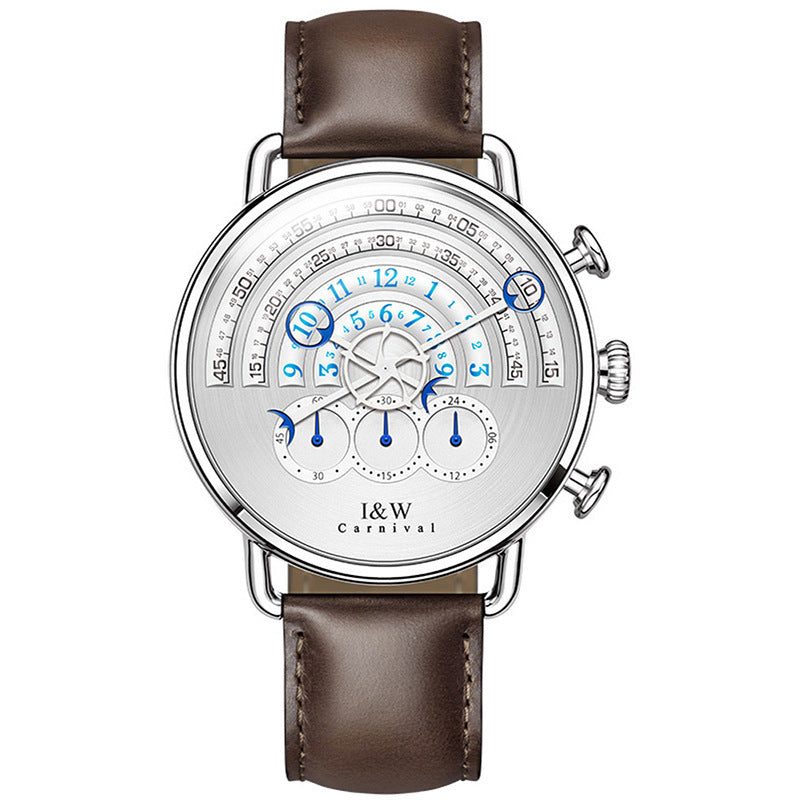 A stylish silver-toned watch with a blue dial and brown leather strap, featuring a sapphire crystal glass mirror and a pin buckle.