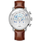 A stylish silver-toned watch with a blue dial and brown leather strap, featuring a sapphire crystal glass mirror and a pin buckle.