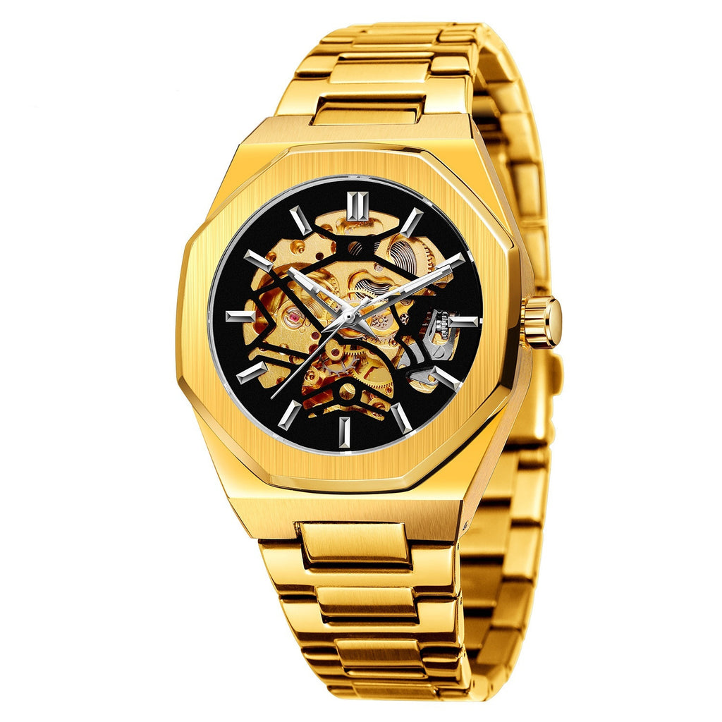 Orologio da polso meccanico automatico da uomo a forma di ingranaggio con quadrante scheletrato, orologio meccanico automatico di lusso da uomo con quadrante analogico scheletrato, ultimo stile alla moda con orologio in acciaio inossidabile