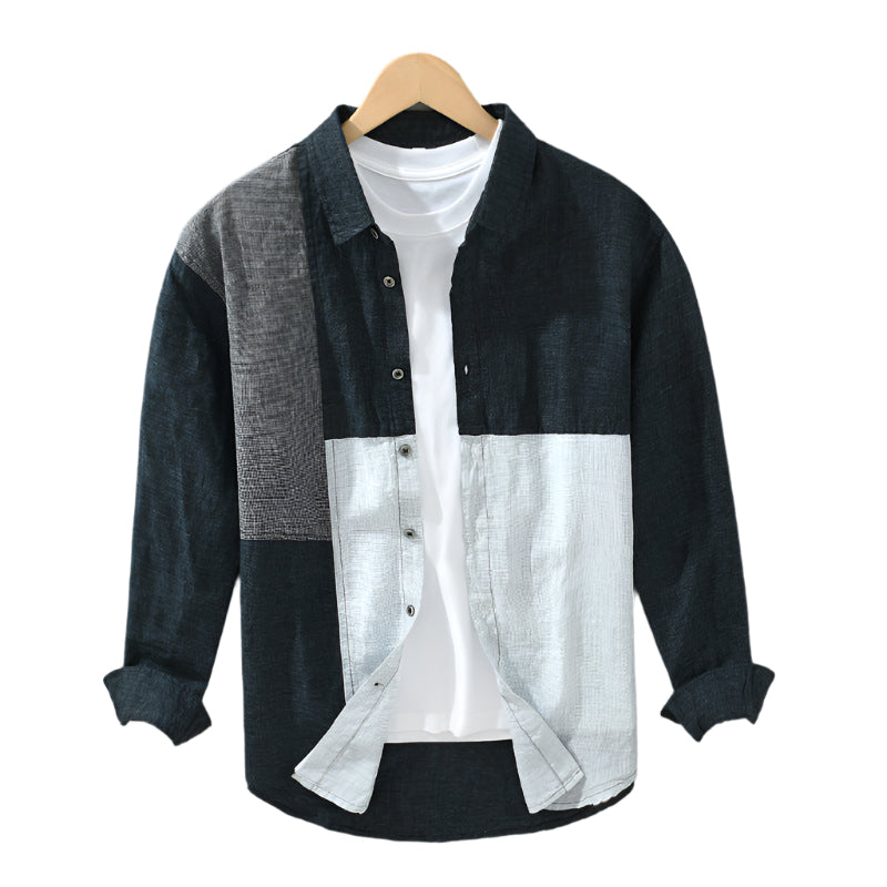 Men's Fashionable Casual Shirt Solid Color Cardigan Stitching Contrast Color Long Sleeves Fashion Men's Shirt