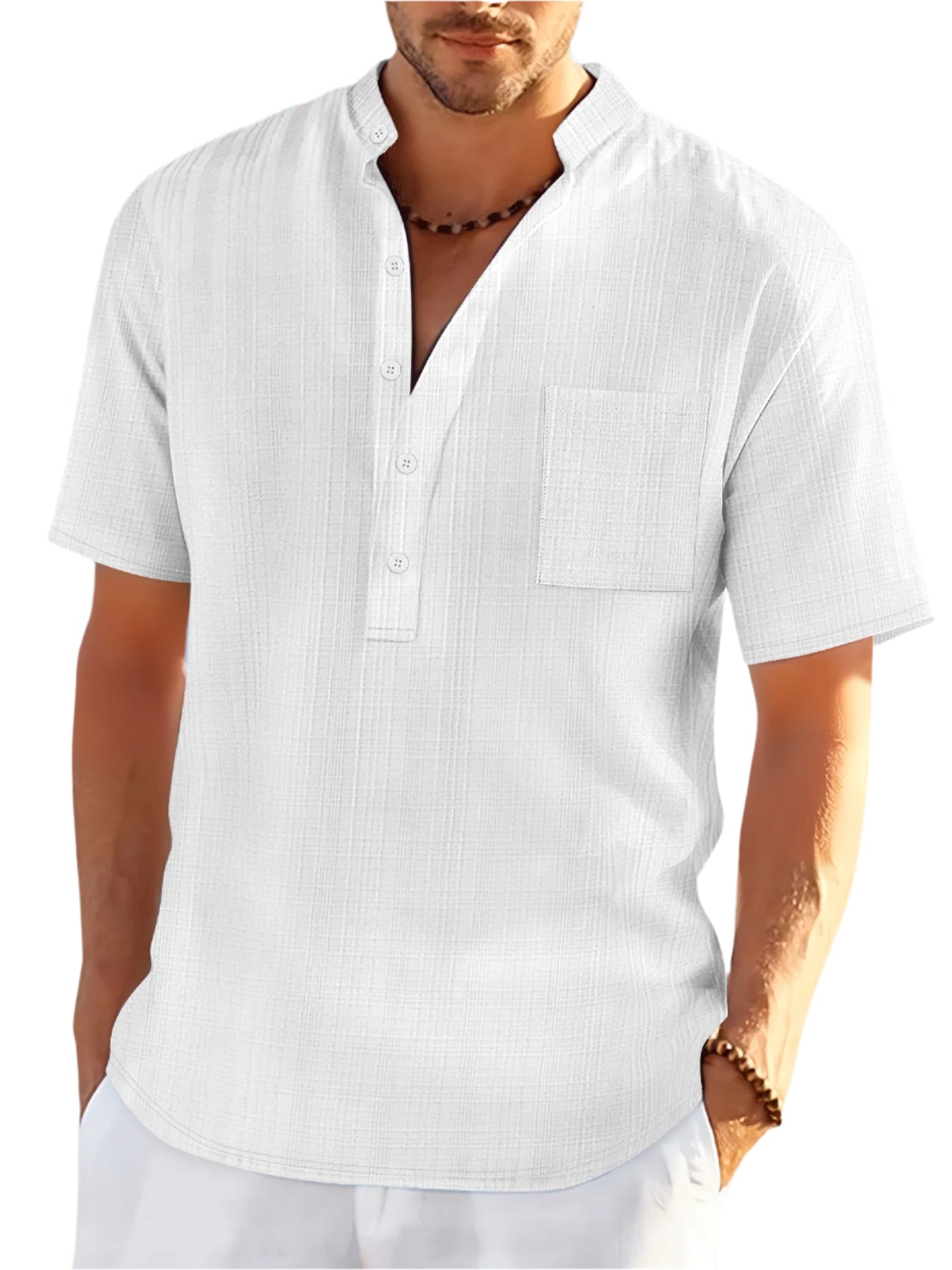 Stand Collar Short Sleeve Loose Leisure Vacation Henley Shirt - Acquisti Online