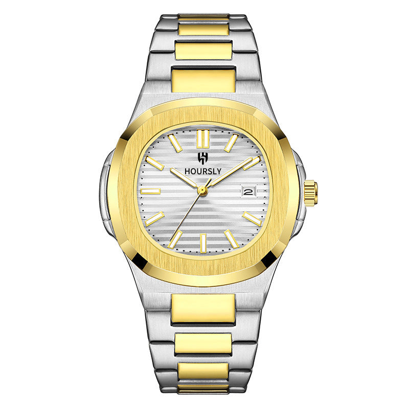 HOURSLY HY1371 Orologio da uomo al quarzo cinese alla moda, esclusivo, con cinturino in acciaio, resistente all'acqua, calendario luminoso, orologio casual da uomo