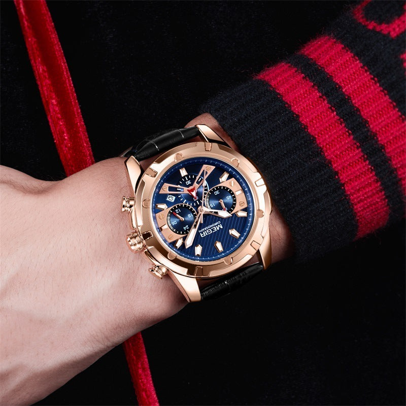 Heren quartzhorloge waterdicht multifunctionele chronograaf lichtgevend leren horloge