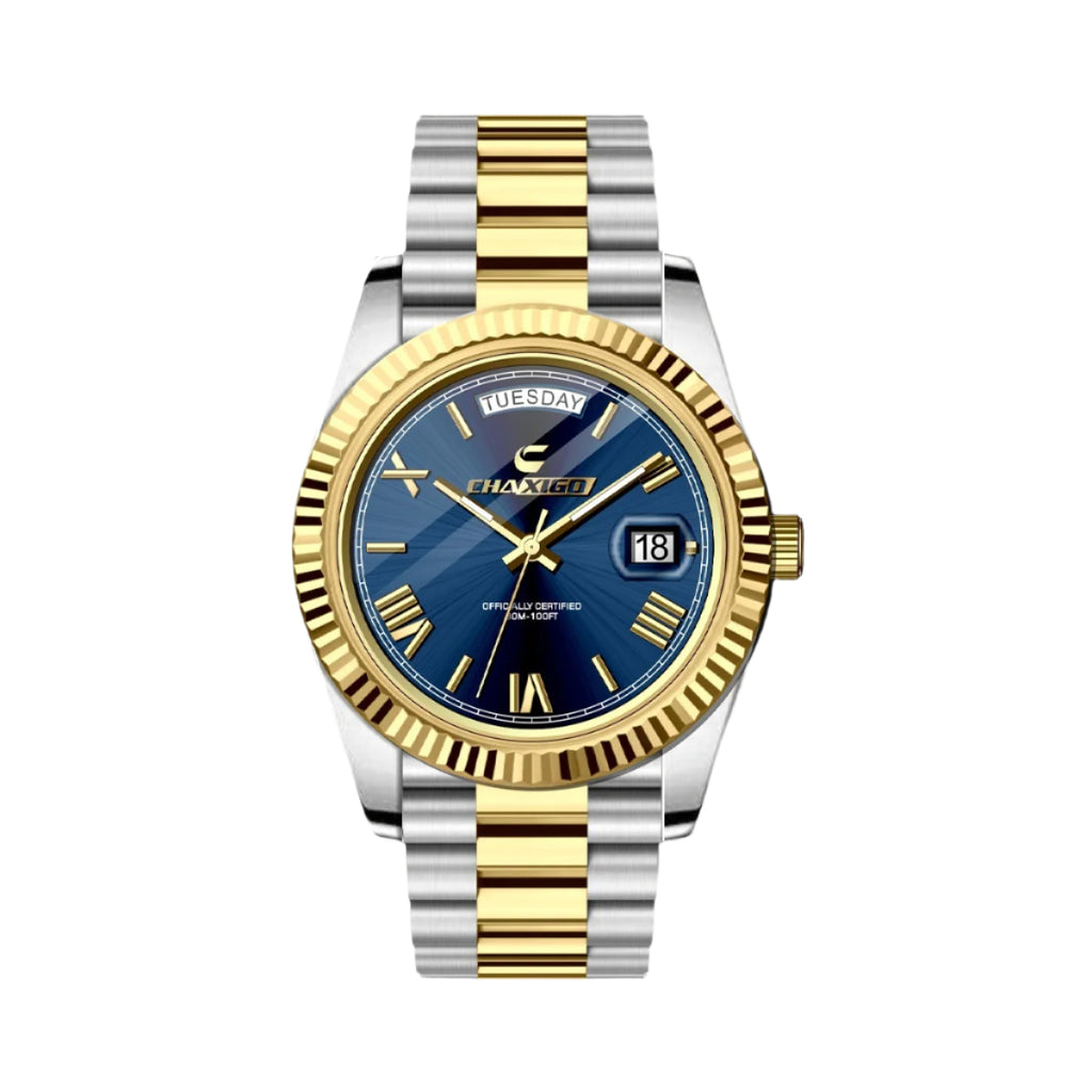 CHAXIGO Herenhorloge Staal Drie Wijzers Grote Wijzerplaat met Datum Lichtgevend Waterdicht Quartz Horloge