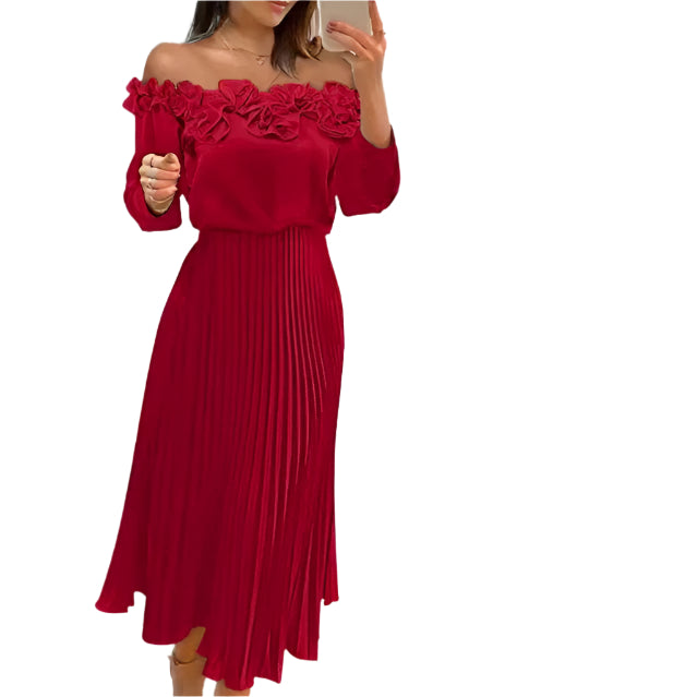 Women's Off-the-Shoulder Pleated Midi Dress with Ruffles Three-dimensional Pleated Off-shoulder Pleated Women Dress