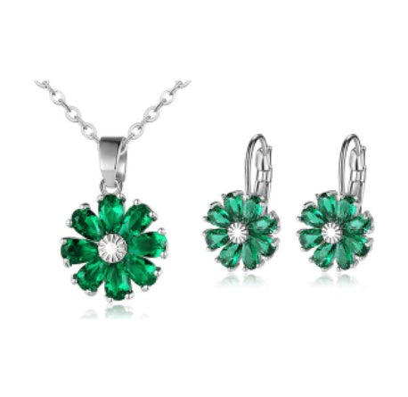 Copper Zircon Floral Diamond Necklace Stud Earrings