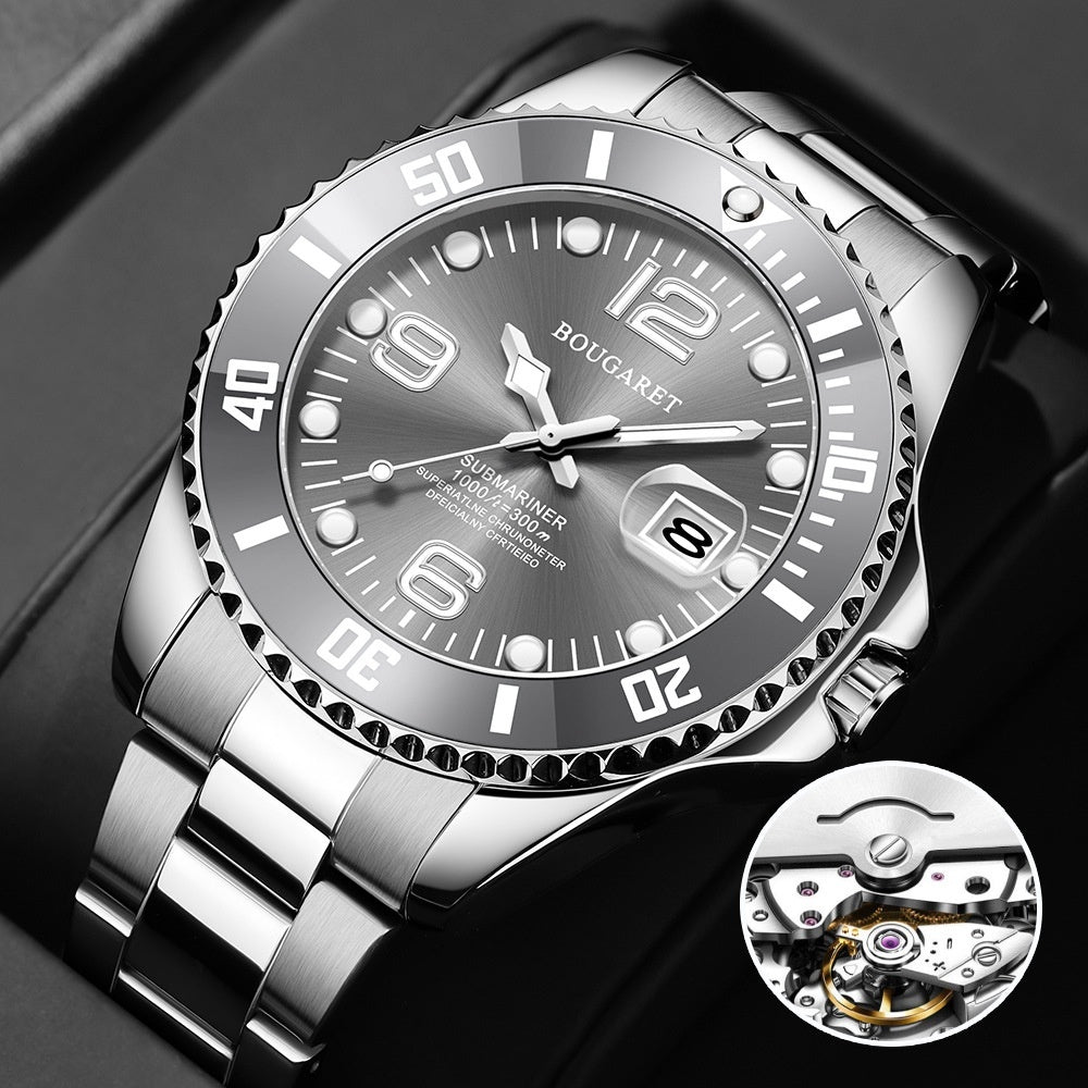 Fashion Men's Watches Stainless Steel Waterproof Quartz Wrist Watch Simulated Mechanical Movement Mineral Mirror Diver