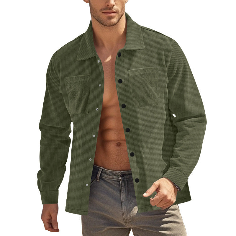 Men's Fashionable Shirt Long Sleeve Casual Multi Pocket Solid Color Corduroy Button up Slim Fit Men's Cardigan Shirt