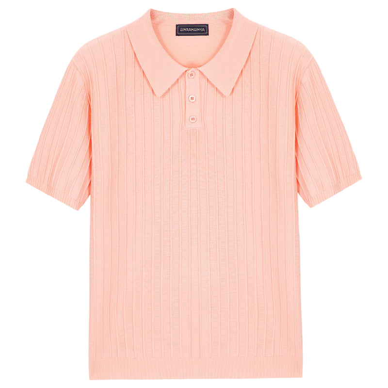 Men's Fashionable Candy Colored Knitted Short Sleeve Button Down Colla High Quality Men's Casual Slim Fit Polo Shirt - Acquisti Online