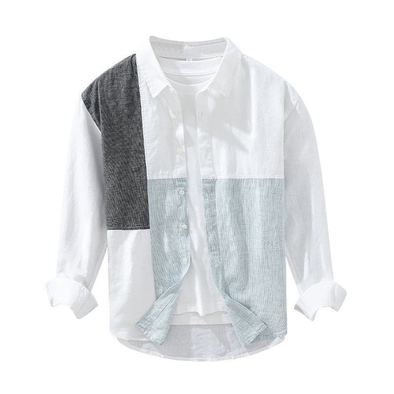 Men's Fashionable Casual Shirt Solid Color Cardigan Stitching Contrast Color Long Sleeves Fashion Men's Shirt