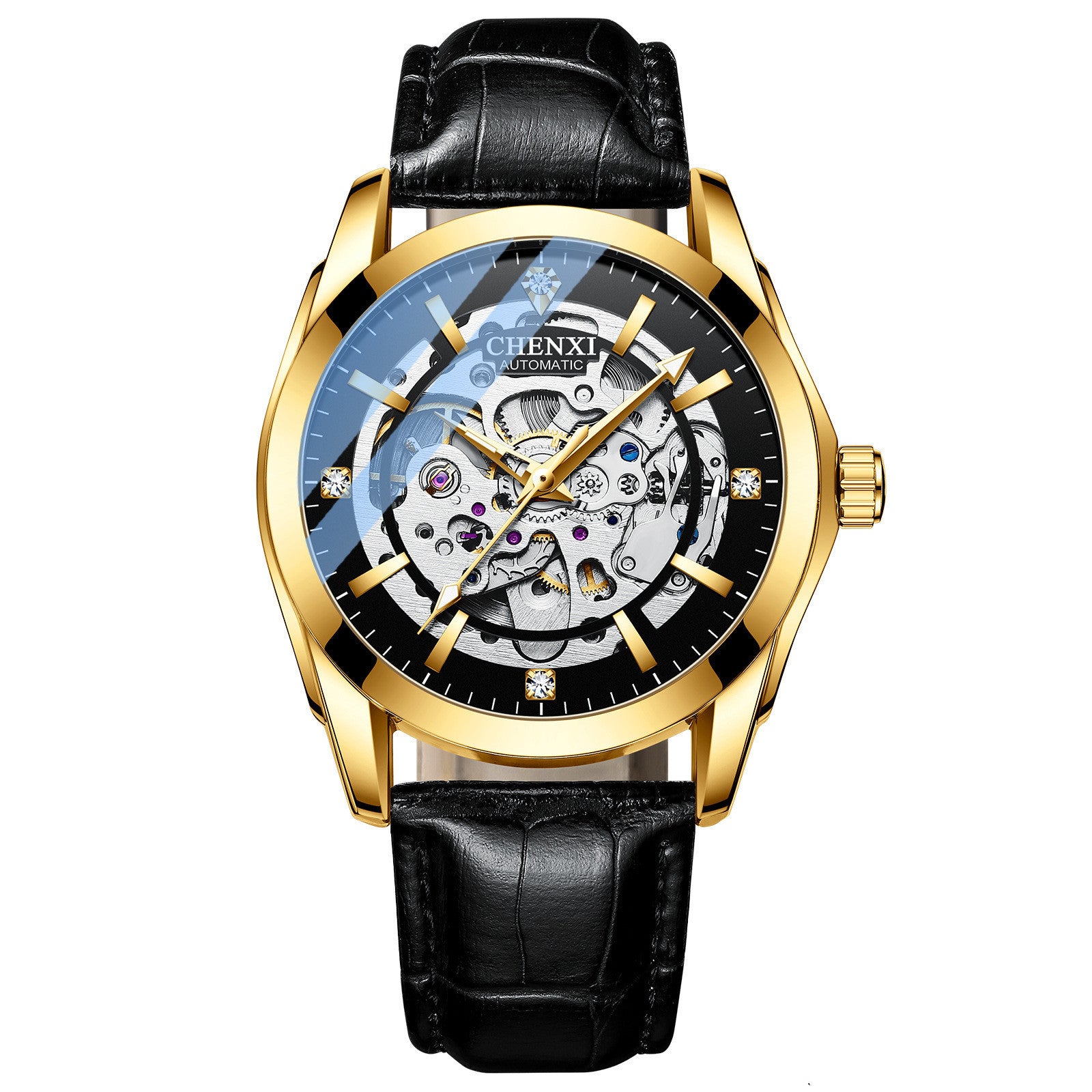 A gold-colored automatic mechanical watch with a black leather strap, featuring a hollow and luminous dial.
