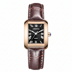Watch with brown leather strap and black face on a white background