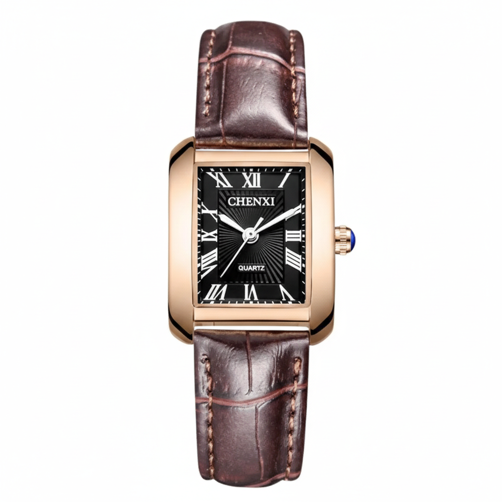 Watch with brown leather strap and black face on a white background