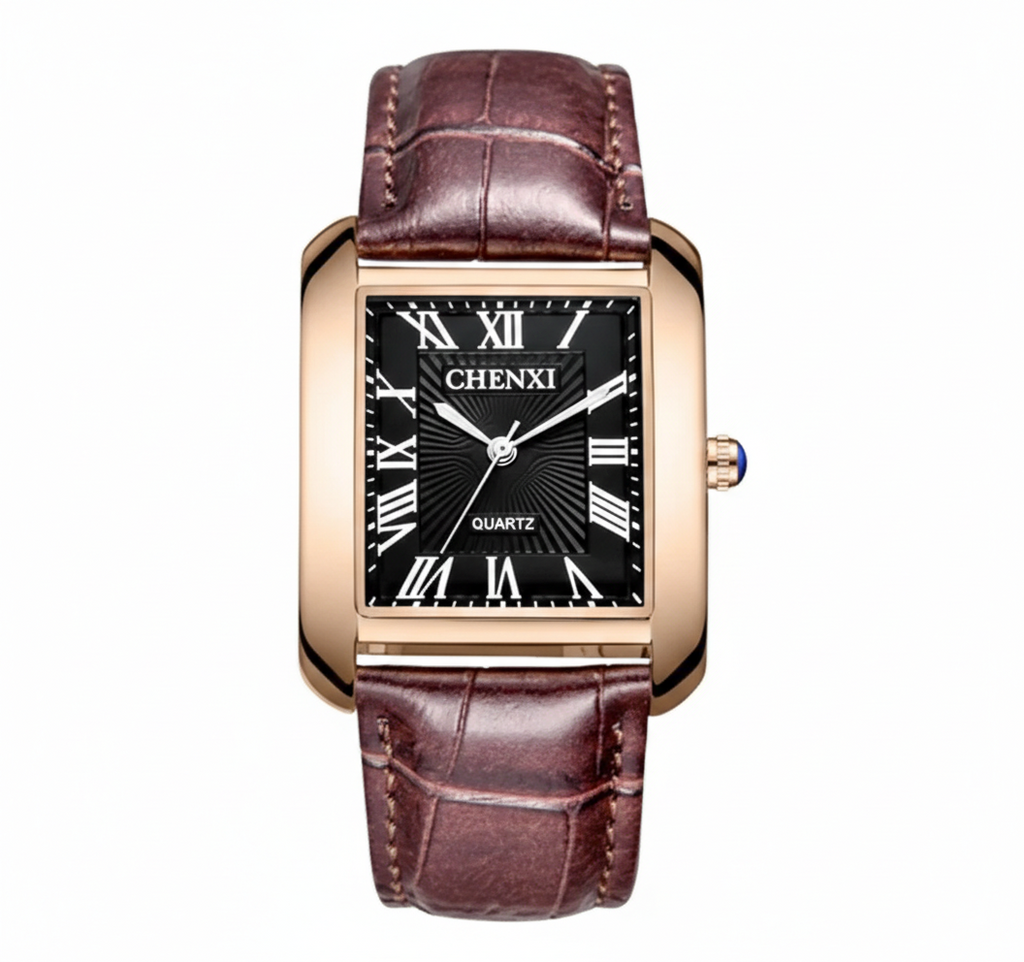 Watch with brown leather strap and black face on a white background
