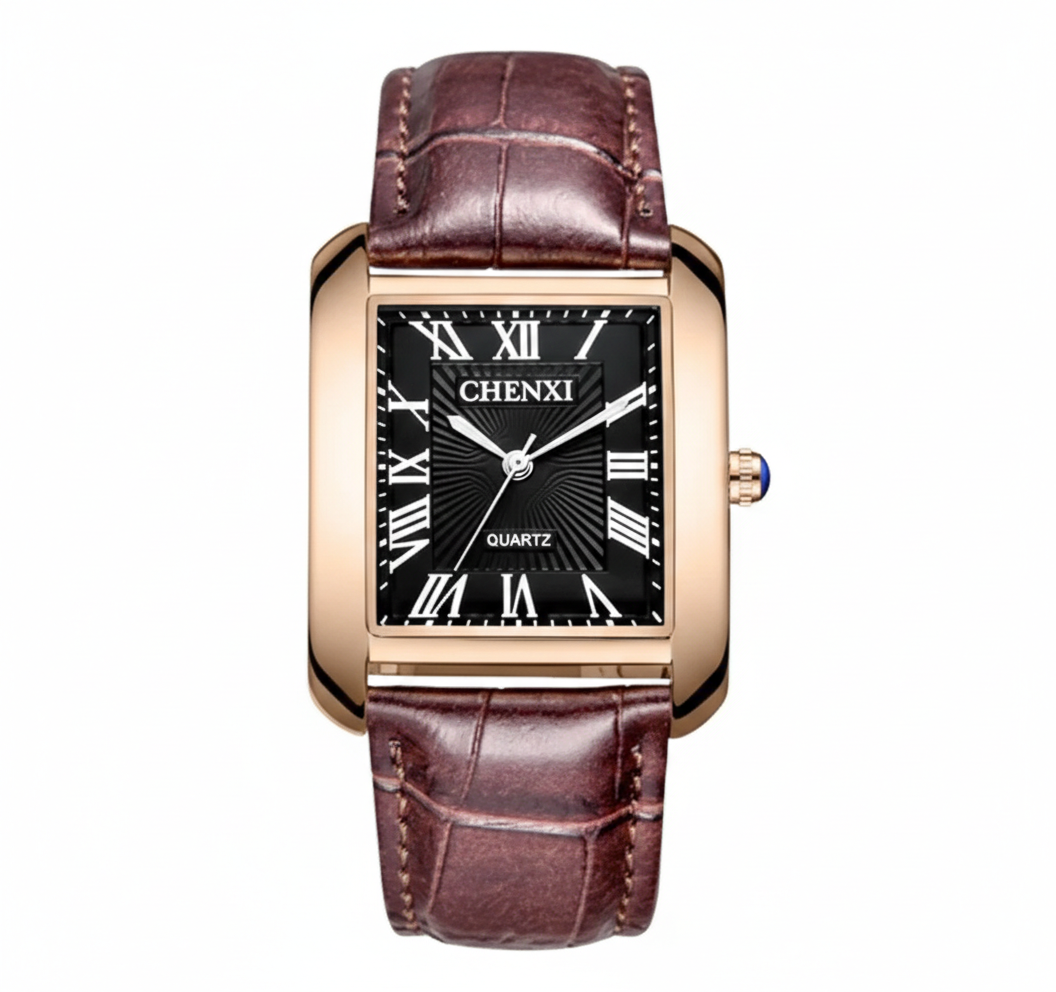 Watch with brown leather strap and black face on a white background