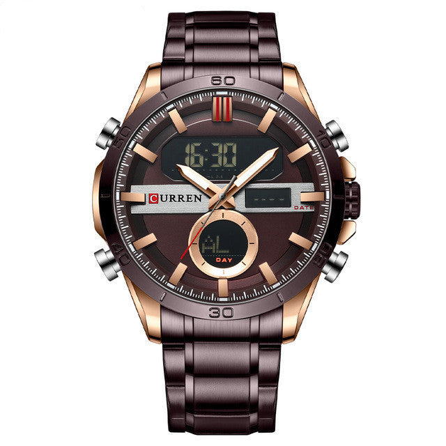 A men's quartz electronic watch with a double movement display, featuring a black dial, silver stainless steel band, and case.