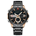 A men's quartz electronic watch with a double movement display, featuring a black dial, silver stainless steel band, and case.