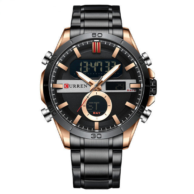 A men's quartz electronic watch with a double movement display, featuring a black dial, silver stainless steel band, and case.