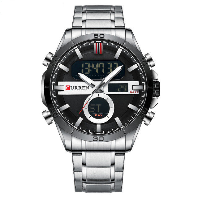 A men's quartz electronic watch with a double movement display, featuring a black dial, silver stainless steel band, and case.