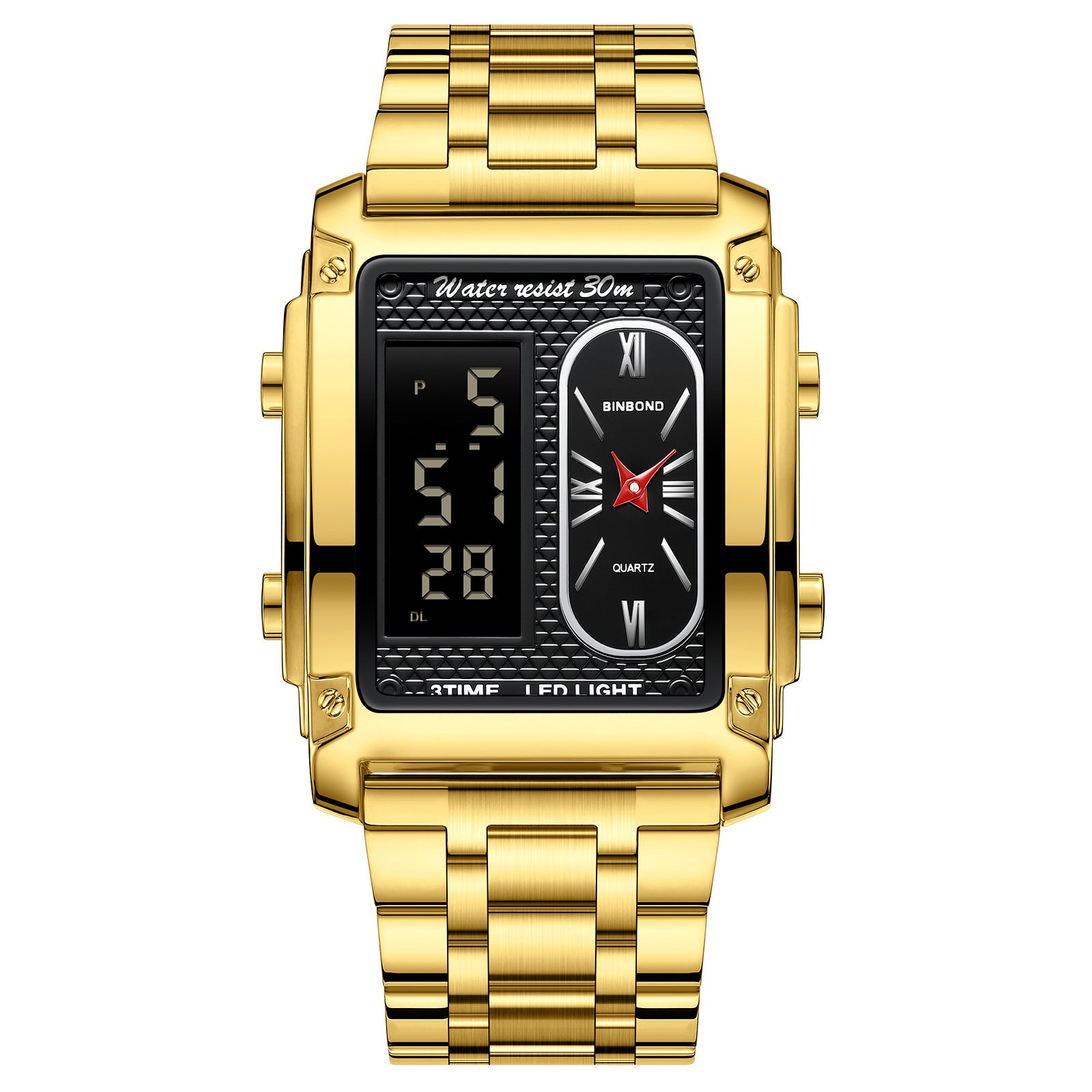 Binbond Men's Steel Belt Electronic Watch Double Inserts Multi-Functional Waterproof Quartz Movement Watch - Acquisti Online