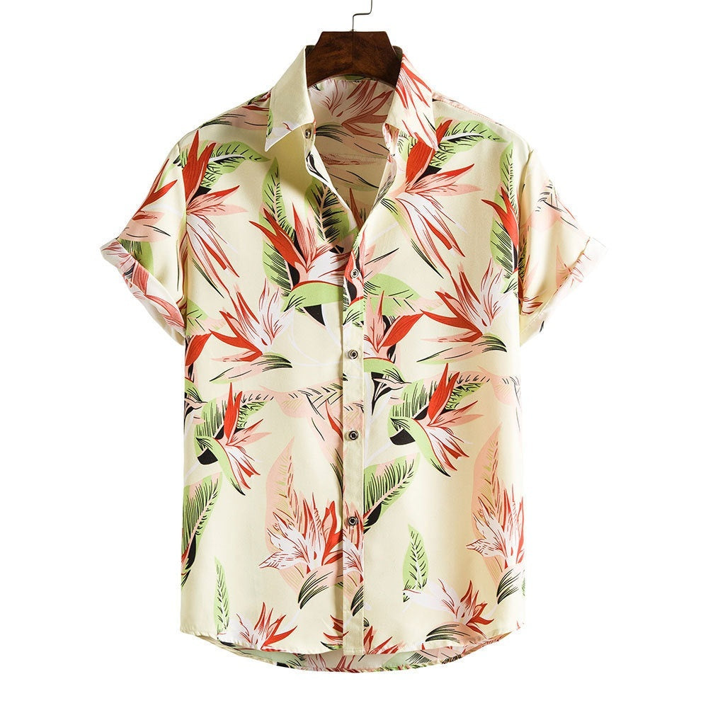 Men's Fashionable Casual Shirt Stripes/Tree Printed Short Sleeve Turn-down Collar Slim Hawaiian Men's Casual Shirt