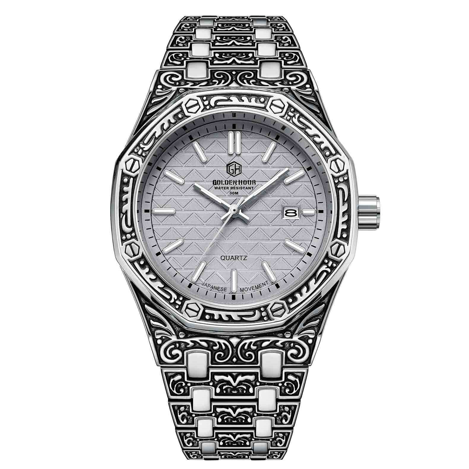 Golden Hour Man Casual Fashion Automatic Movement Spiral Crown Round Quartz Waterproof Steel Man Casual Watch - Acquisti Online