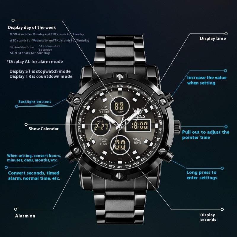 OLEVS Nuovo orologio da uomo con doppio display, sportivo, impermeabile, al quarzo, elettronico, luminoso, con cinturino in acciaio.
