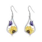 Sterling Silver Sunflower Dangle Earrings with Purple Butterfly Gift for Women